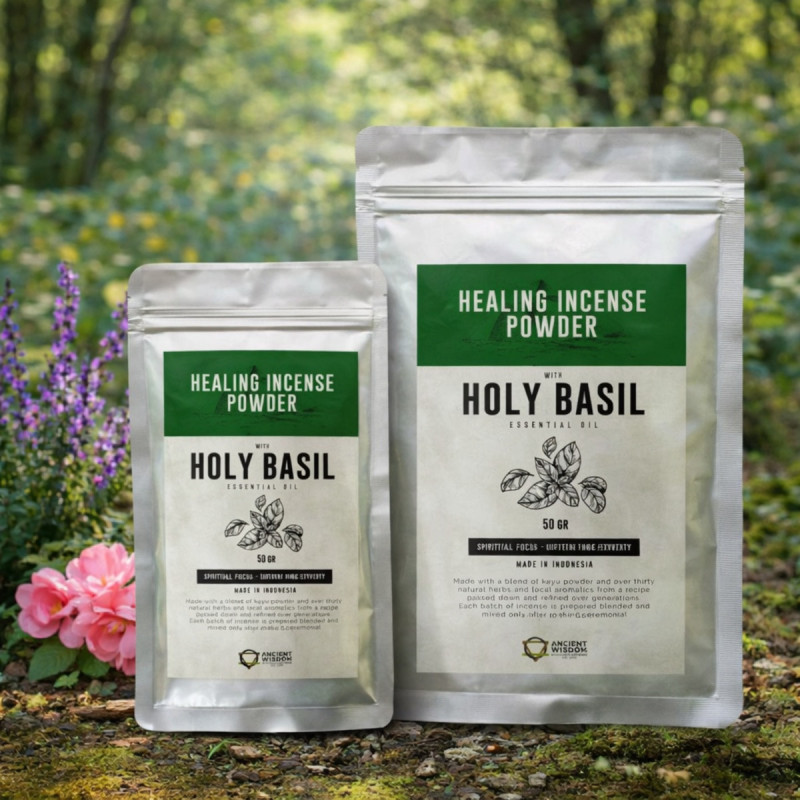 Polvo de Incienso de Albahaca Sagrada disponibles en dos tamaños.