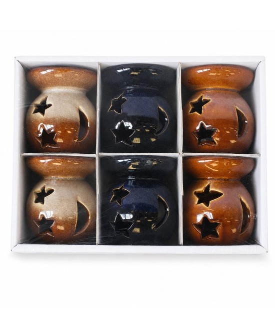 Quemadores de aceite de cerámica con diseño de sol y estrella en colores surtidos para aceites esenciales y ceras aromáticas.