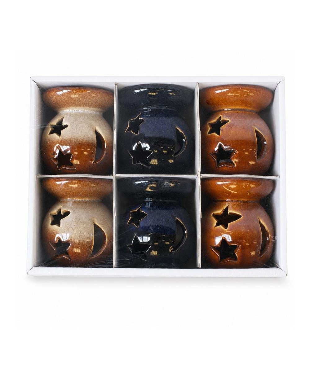 Quemadores de aceite de cerámica con diseño de sol y estrella en colores surtidos para aceites esenciales y ceras aromáticas.