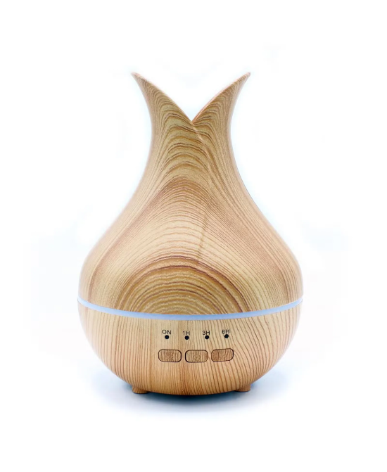 Difusor de aromas USB efecto madera con luz LED y temporizador para aceites esenciales.