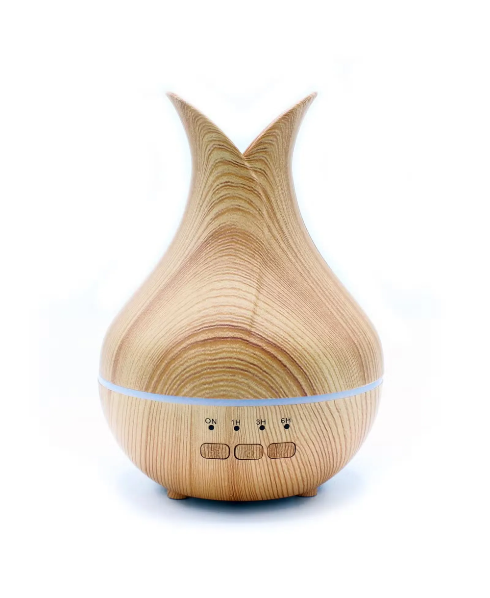 Difusor de aromas USB efecto madera con luz LED y temporizador para aceites esenciales.
