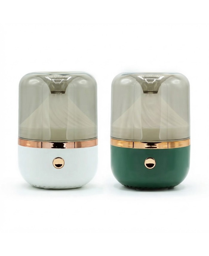 Difusor de aromas USB blanco con detalle bronce, humidificador con luz LED para aceites esenciales.