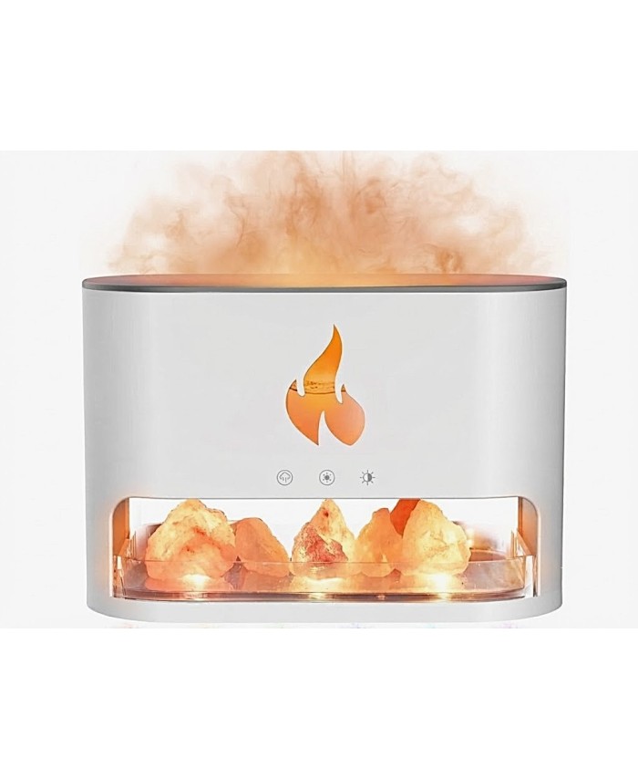 Difusor de aromas Blaze con sal del Himalaya, efecto llama y conexión USB-C para aceites esenciales.