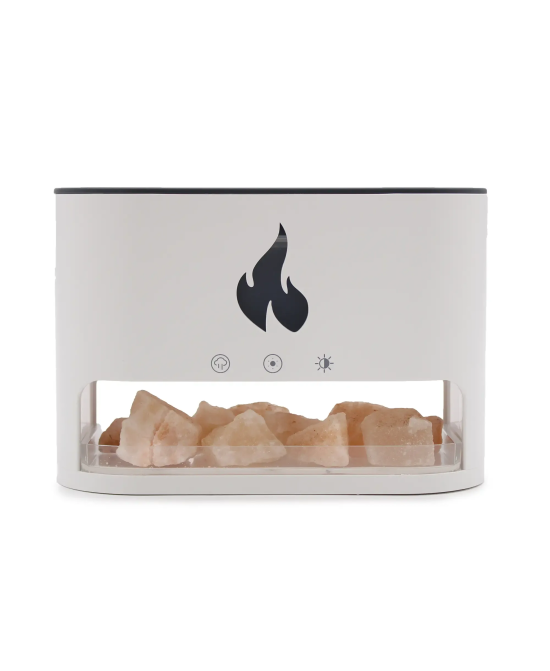 Difusor de aromas Blaze con sal del Himalaya, efecto llama y conexión USB-C para aceites esenciales.