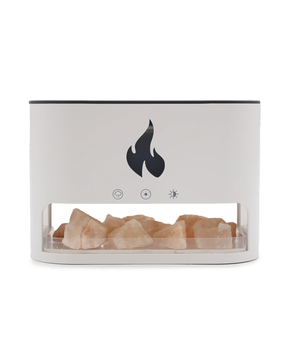 Difusor de aromas Blaze con sal del Himalaya, efecto llama y conexión USB-C para aceites esenciales.