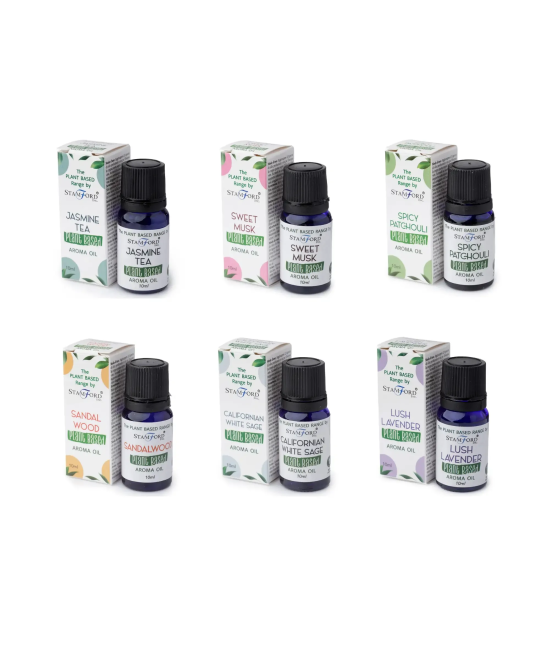 Colección de aceites aromáticos botánicos de 10 ml con diferentes fragancias.