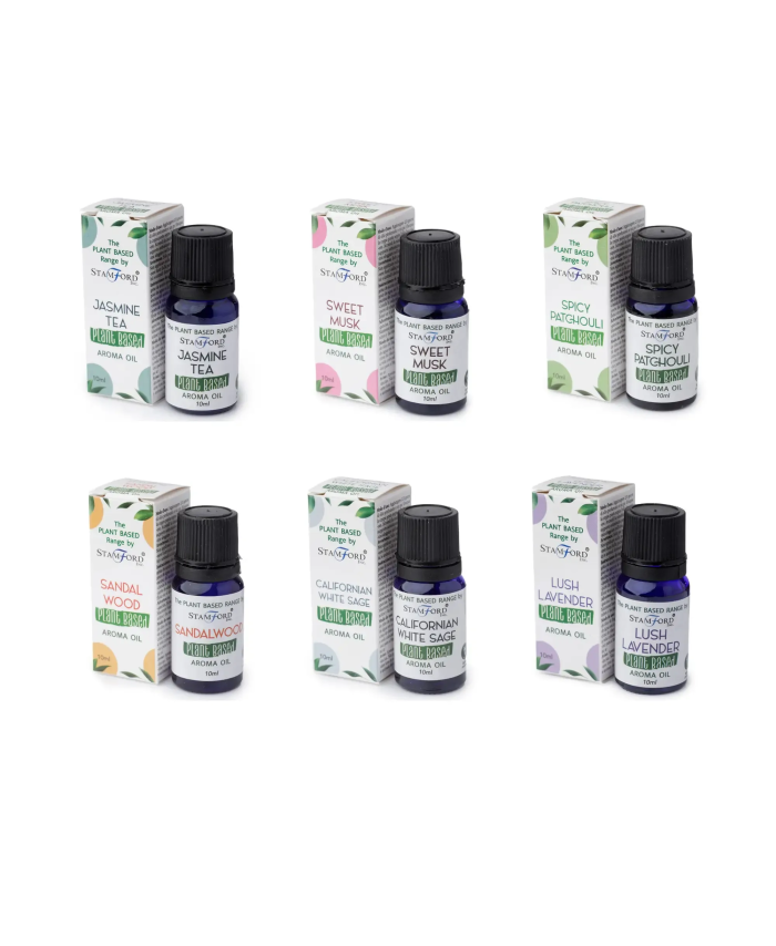 Colección de aceites aromáticos botánicos de 10 ml con diferentes fragancias.