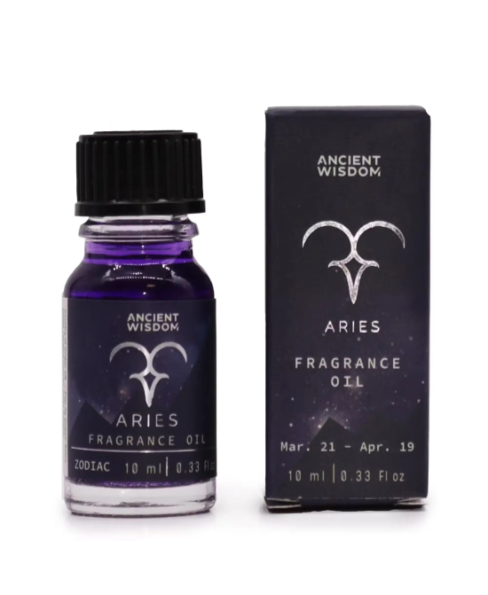 Frasco de aceite de fragancia Aries de 10 ml con su caja.