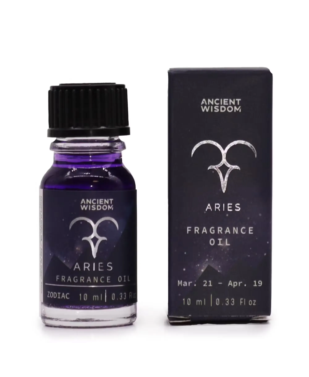 Frasco de aceite de fragancia Aries de 10 ml con su caja.