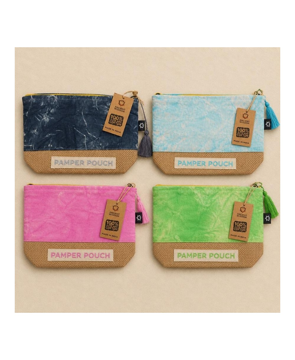 Neceser de algodón lavado a piedra verde con base de yute para organizar cosméticos y artículos personales.
