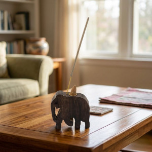 Portaincienso de madera de mango con diseño elefante para varillas y conos-