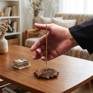 Soporte para incienso de madera con símbolos zodiacales