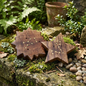 Portainciensos de madera con diseño de sol y estrella y con constelaciones zodiacales.