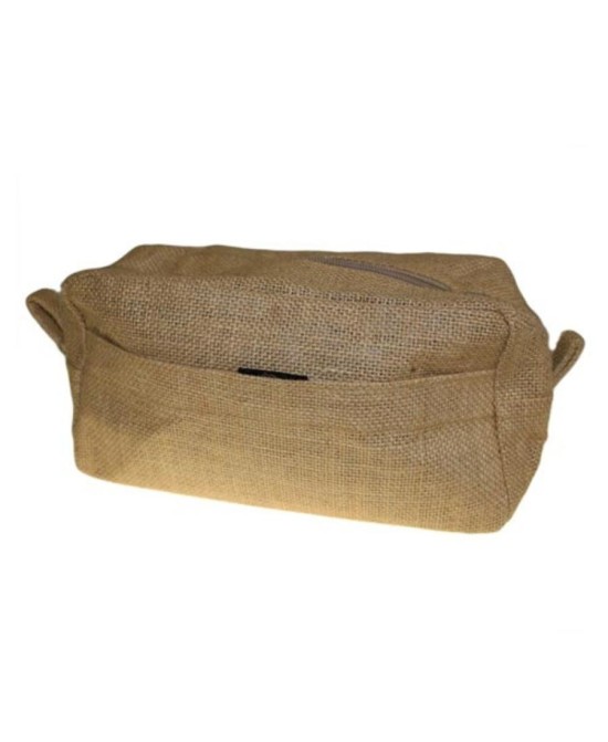Neceser de yute natural con cremallera para organizar productos de aseo y accesorios personales.
