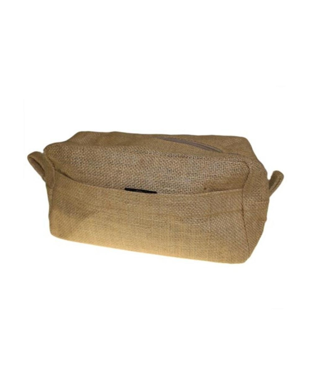 Neceser de yute natural con cremallera para organizar productos de aseo y accesorios personales.