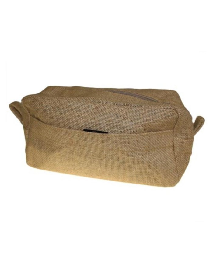 Neceser de yute natural con cremallera para organizar productos de aseo y accesorios personales.