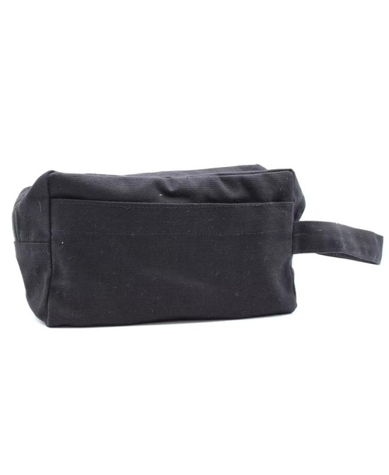 Neceser negro de algodón canvas con asa lateral para organizar artículos de aseo y accesorios personales.
