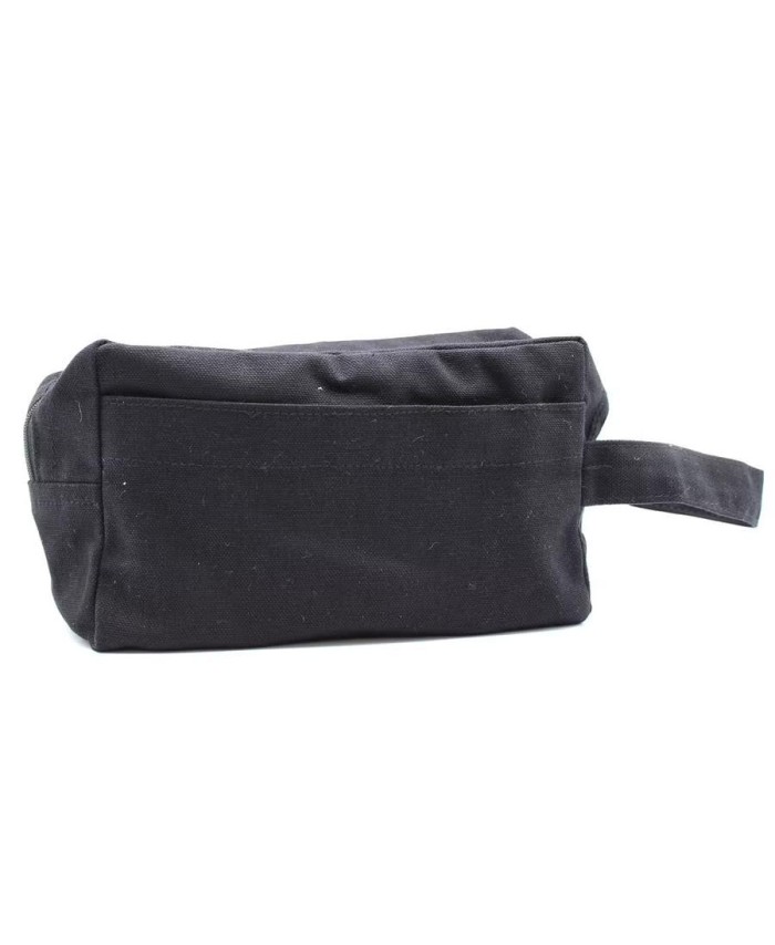 Neceser negro de algodón canvas con asa lateral para organizar artículos de aseo y accesorios personales.