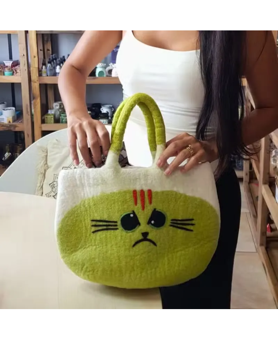 Bolso de Fieltro Gato Gruñón Verde Lima | Jessimística