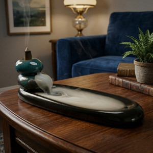 Quemador de incienso de cerámica con piedras zen y base alargada para flujo inverso.