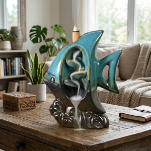 Quemador de incienso de cerámica con forma de pez tropical para conos de flujo inverso.