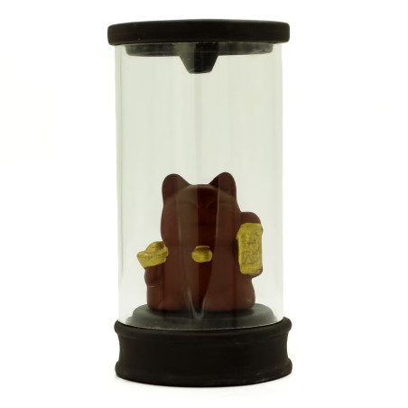 Quemador de incienso con urna transparente y figura de gato de la suerte para flujo inverso.