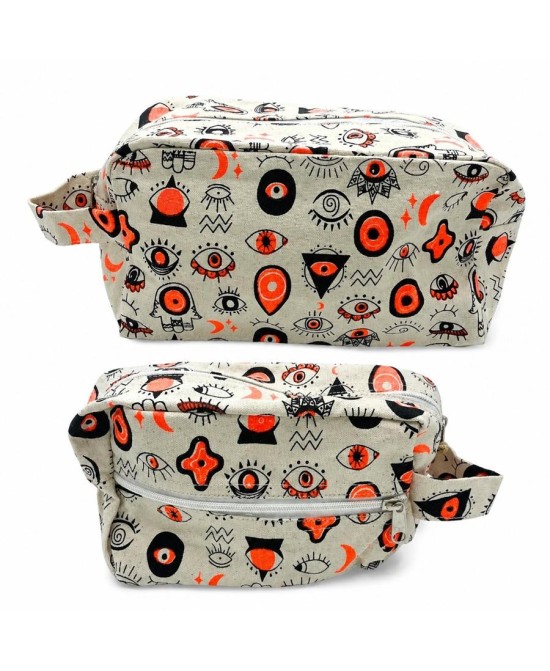Neceser pequeño de lona de algodón con estampado de ojos y cremallera para organizar cosméticos y accesorios.