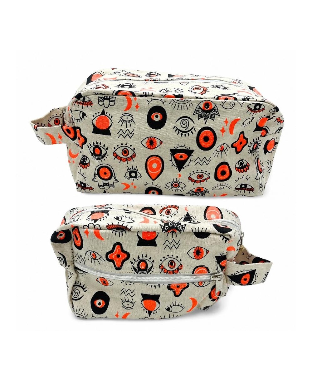 Neceser pequeño de lona de algodón con estampado de ojos y cremallera para organizar cosméticos y accesorios.