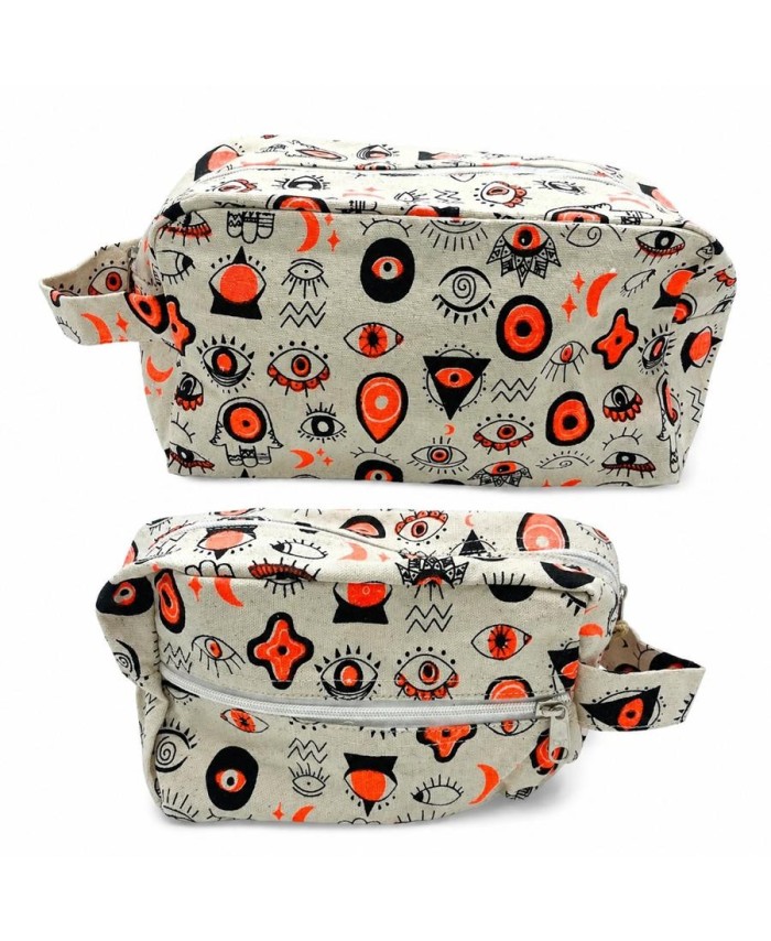Neceser pequeño de lona de algodón con estampado de ojos y cremallera para organizar cosméticos y accesorios.