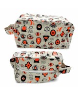 Neceser pequeño de lona de algodón con estampado de ojos y cremallera para organizar cosméticos y accesorios.
