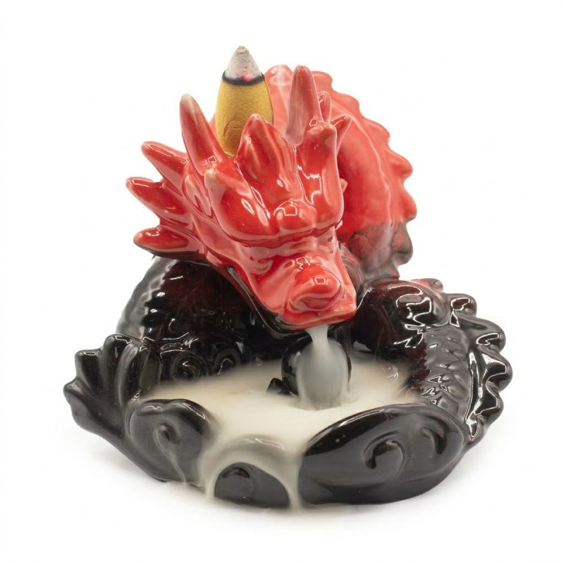 Quemador de incienso de cerámica con cabeza de dragón rojo para flujo inverso.