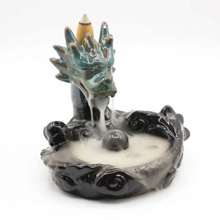 Quemador de incienso de cerámica con dragón y estanque amplio para flujo inverso.