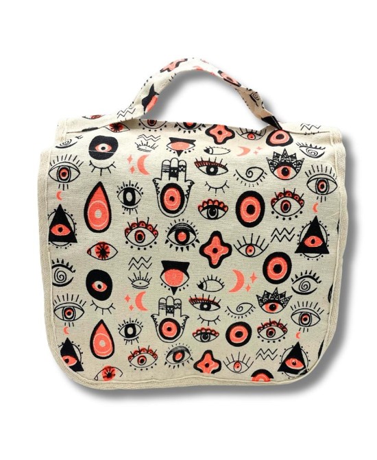 Bolsa organizadora de lona de algodón con estampado de ojos múltiples para accesorios y artículos personales.