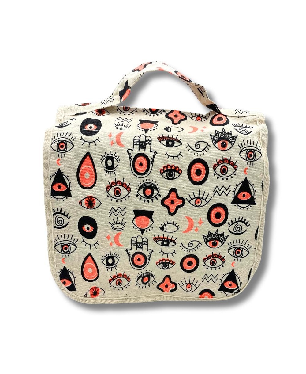 Bolsa organizadora de lona de algodón con estampado de ojos múltiples para accesorios y artículos personales.