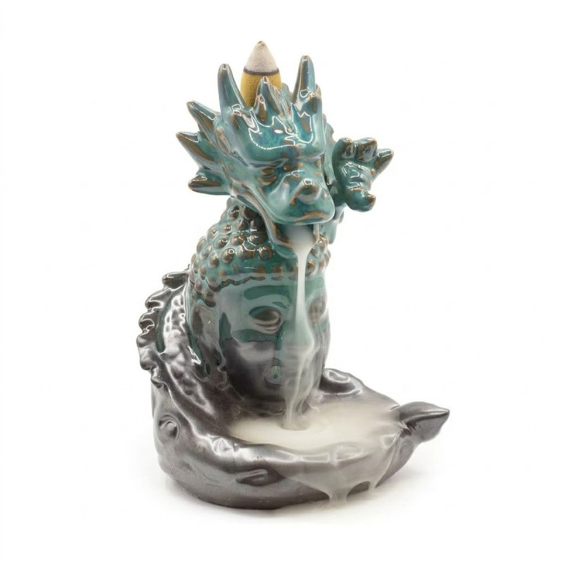 Quemador de incienso de cerámica con dragón sobre buda para flujo inverso.