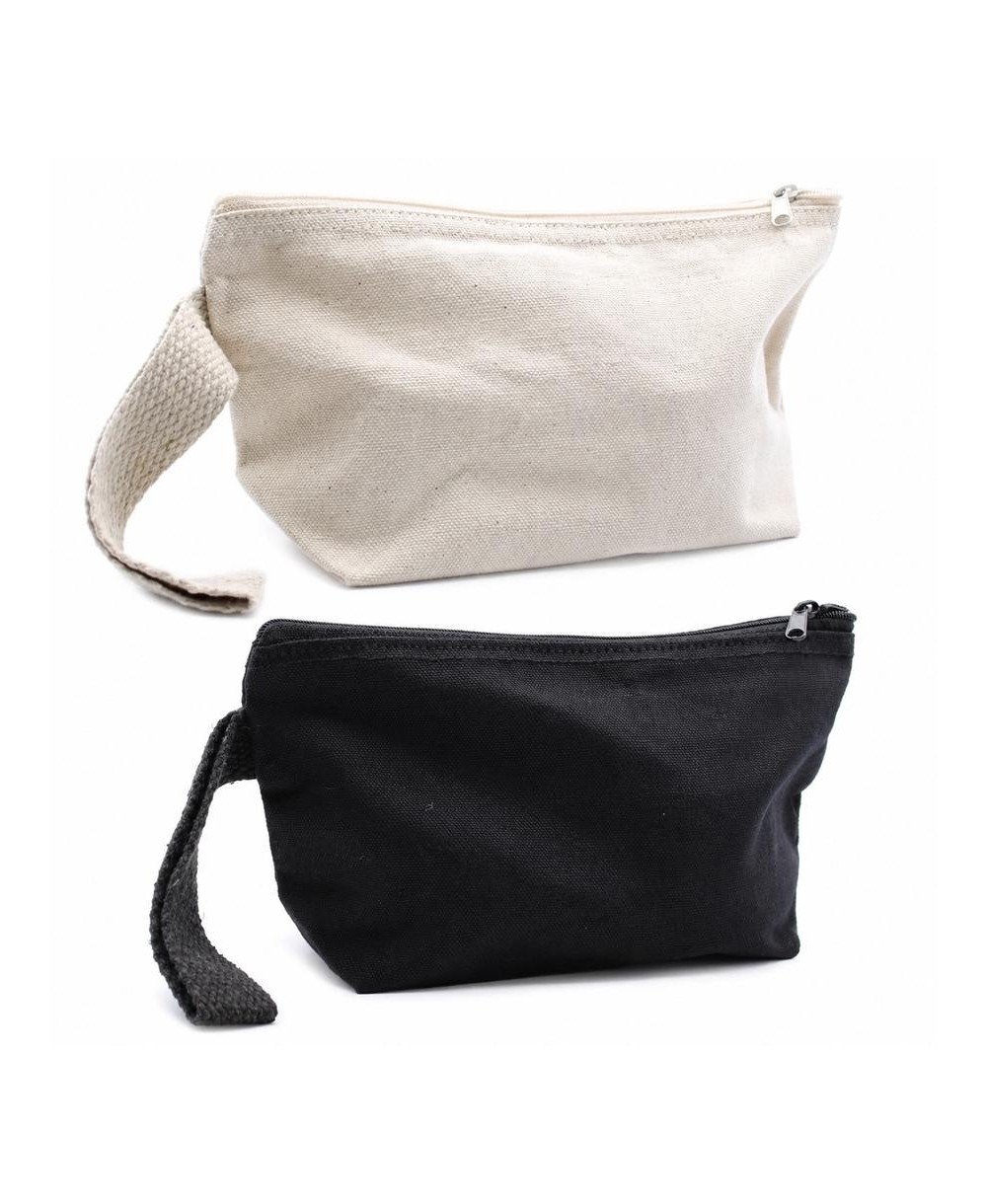 Neceser de algodón natural con cremallera y correa de mano para organizar cosméticos y accesorios.