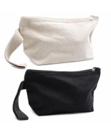 Neceser de algodón natural con cremallera y correa de mano para organizar cosméticos y accesorios.