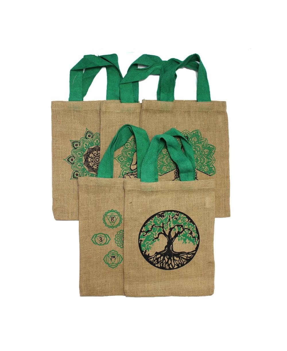 Bolsa ecológica de yute con diseños místicos surtidos, asas verdes y formato reutilizable para compras y uso diario.