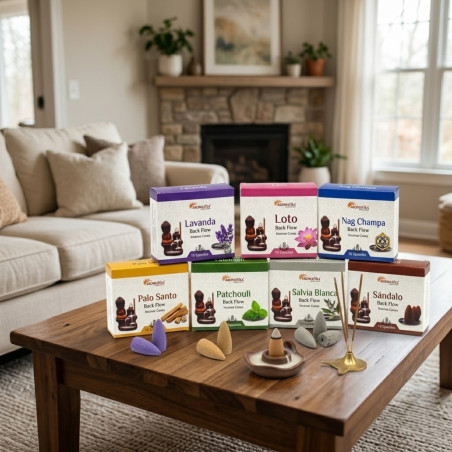 Conos de incienso Aromatika de flujo inverso en varios aromas y colores.