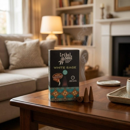 Conos de reflujo tribal soul salvia blanca con caja negra y conos marrones.