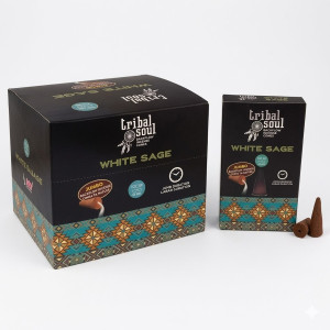 Conos de reflujo tribal soul salvia blanca con caja negra y conos marrones.