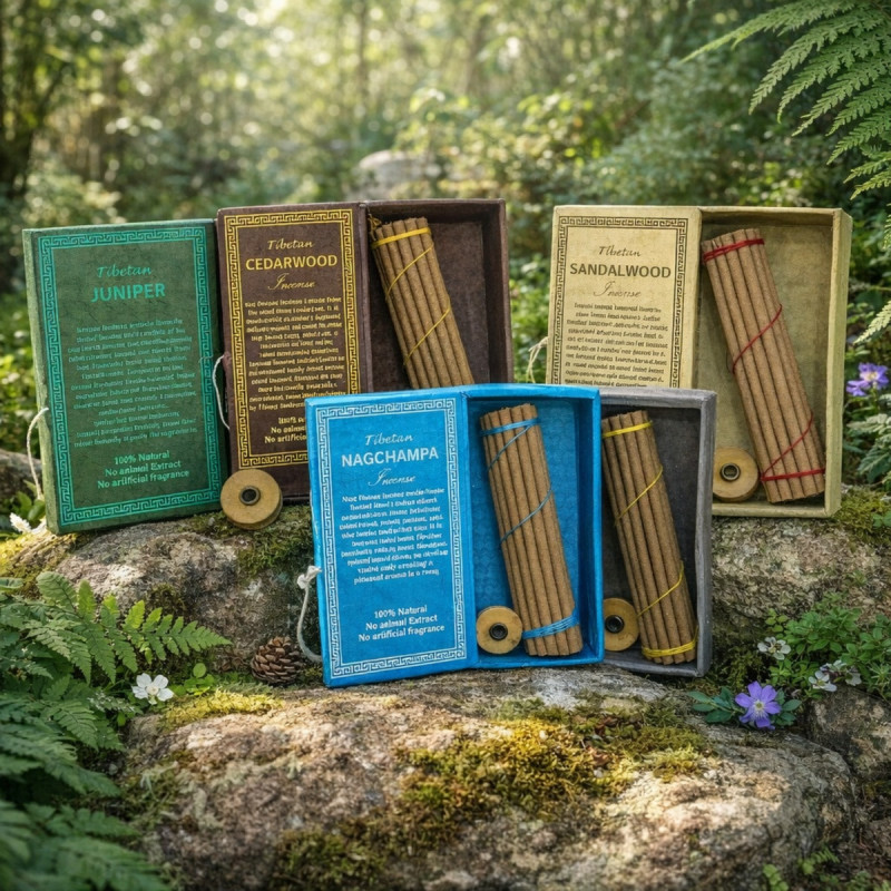 Inciensos tibetanos con soporte para las varillas y disponible en varios aromas.