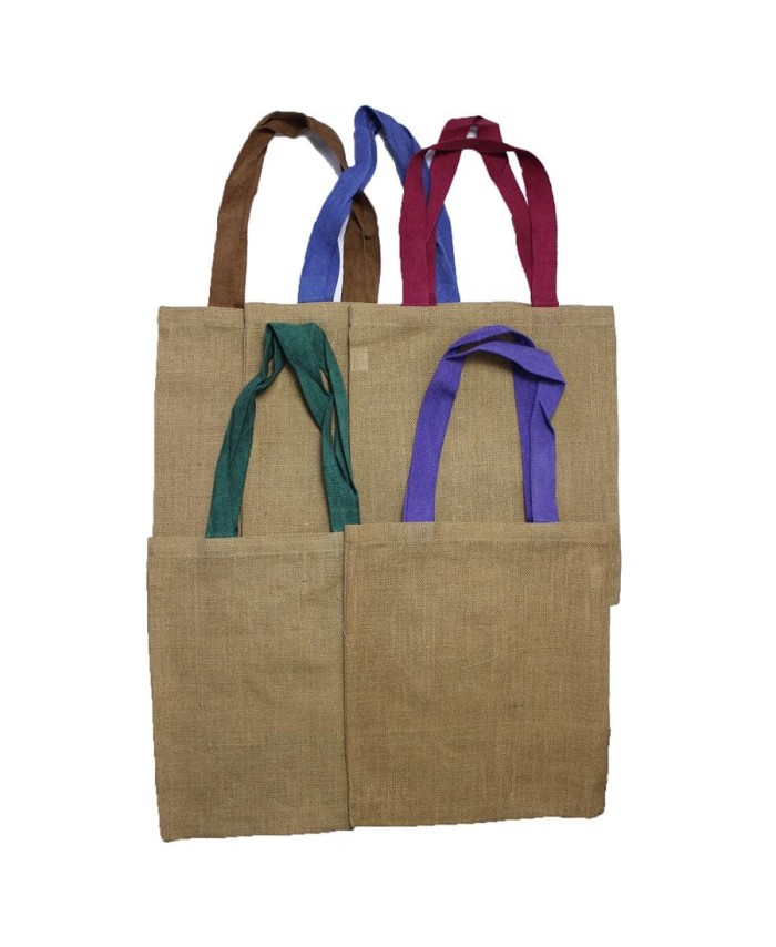 Bolsa ecológica de yute con asas de colores y diseño reutilizable para compras.