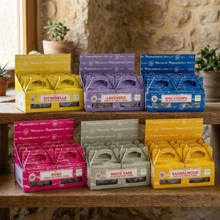 Conos de Reflujo Satya paquete de 24 unidades y disponible en varios aromas naturales.