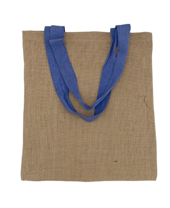 Bolsa reutilizable de yute con asas azules y diseño ecológico natural.