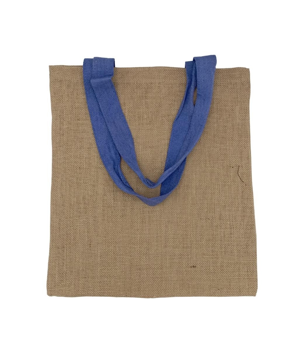 Bolsa reutilizable de yute con asas azules y diseño ecológico natural.