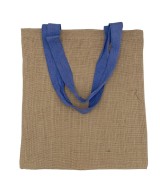 Bolsa reutilizable de yute con asas azules y diseño ecológico natural.