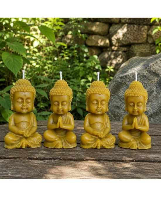 Cuatro velas buda de cera de abeja natural para meditación, decoración zen y bienestar.