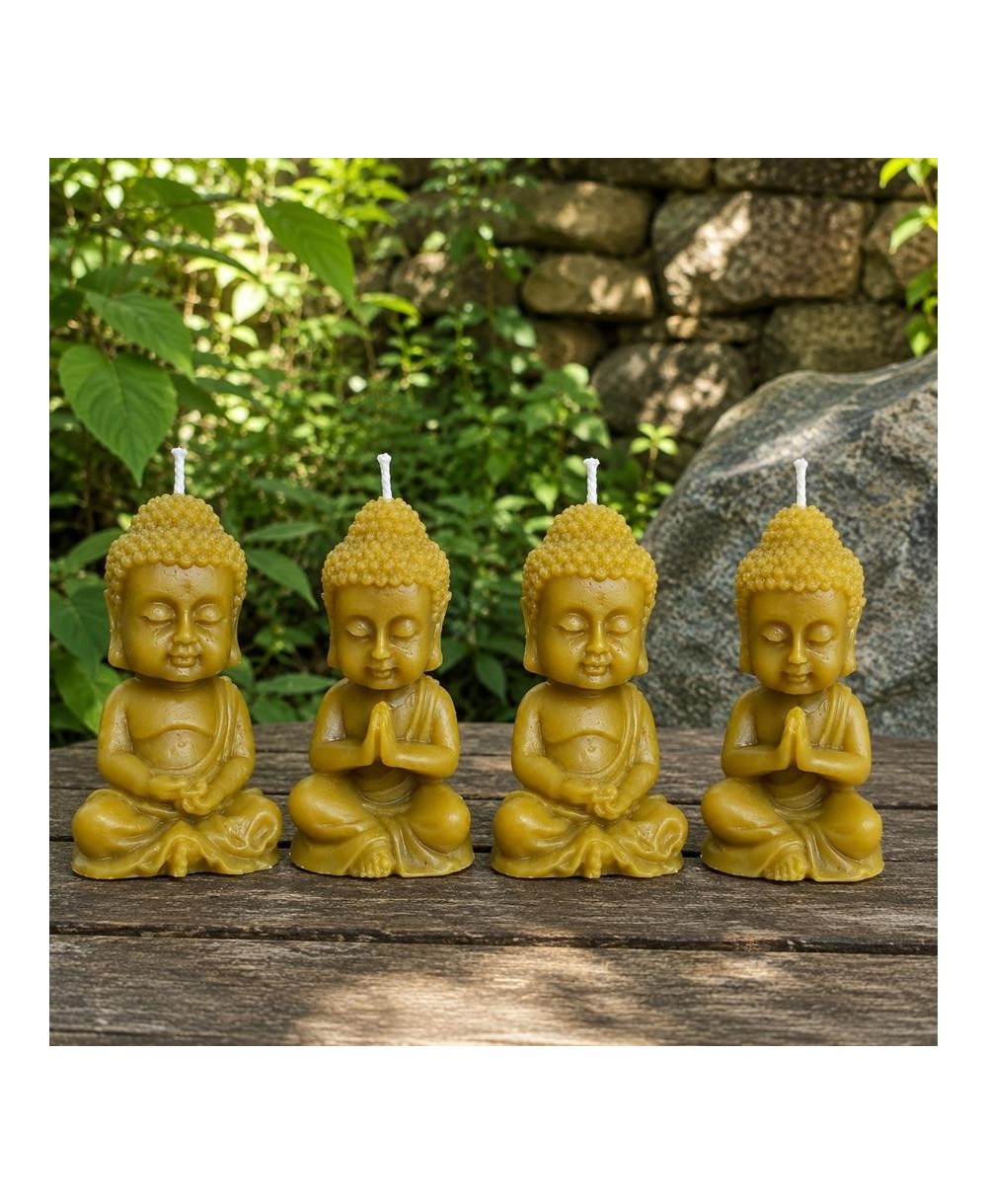 Cuatro velas buda de cera de abeja natural para meditación, decoración zen y bienestar.