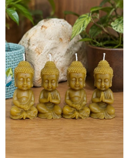 Presentación del pack de velas buda elaboradas con cera de abeja natural.